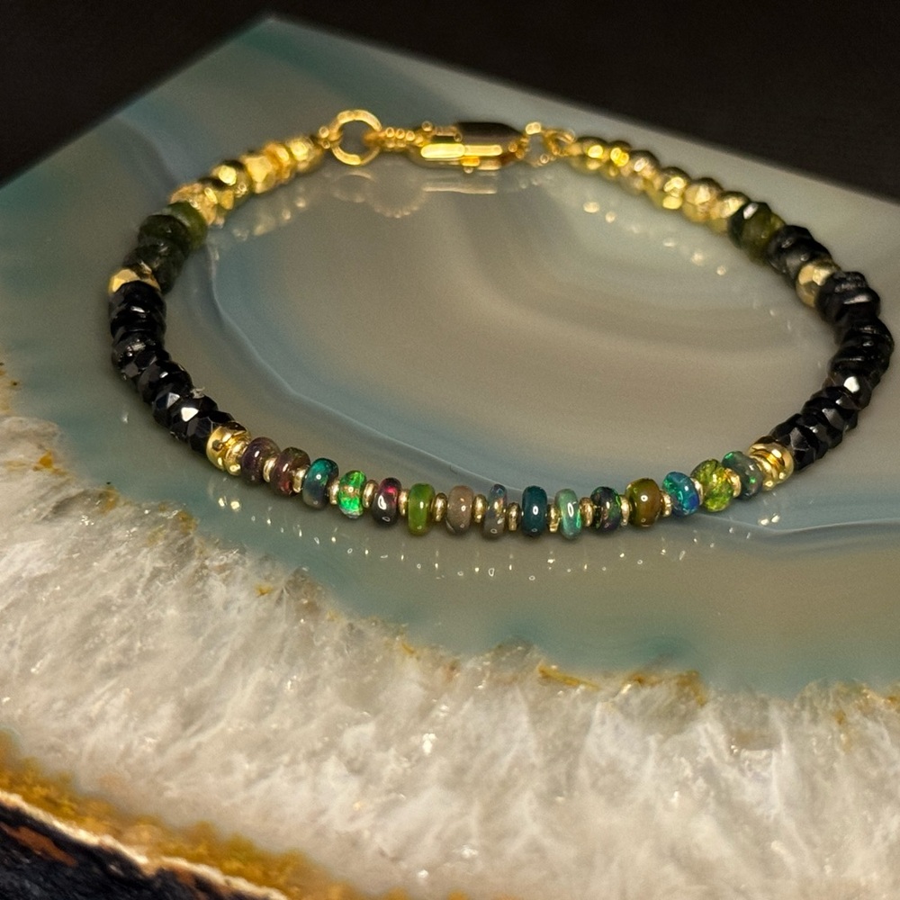Black Welo Opal, Tourmaline,Pyrite 18kt Gold Vermeil Bracelet